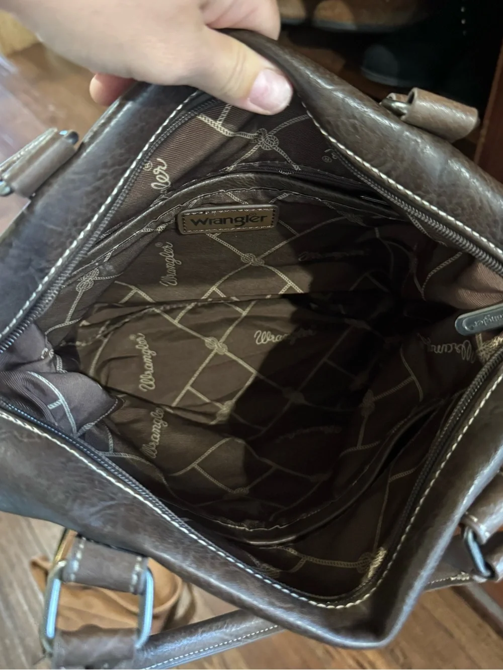 Wrangler Dark Brown Leather Tote with Buckle Straps